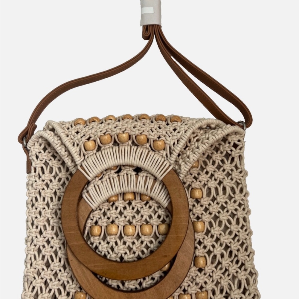 Beige Crochet Shoulder Bag with Wooden Accents